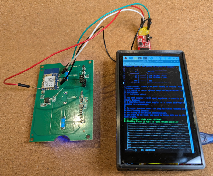 DETA 6952HA board connected to a USB to serial adapter. 6952HA manual flashing