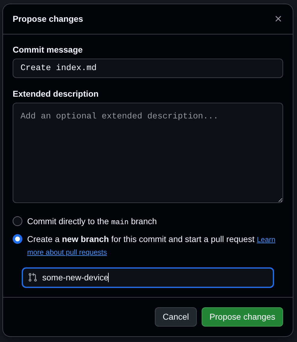 The GitHub Propose changes dialog, with "Create a new branch for this commit and start a pull request" selected and a branch name entered.